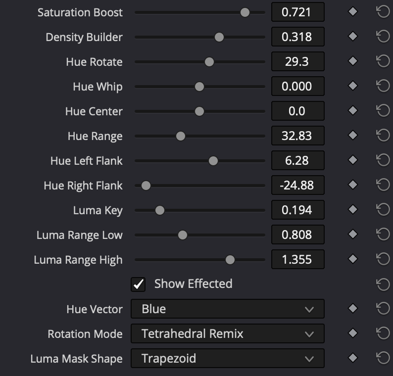 Color Slicer controls panel targeting Blue with Tetrahedral Remix
